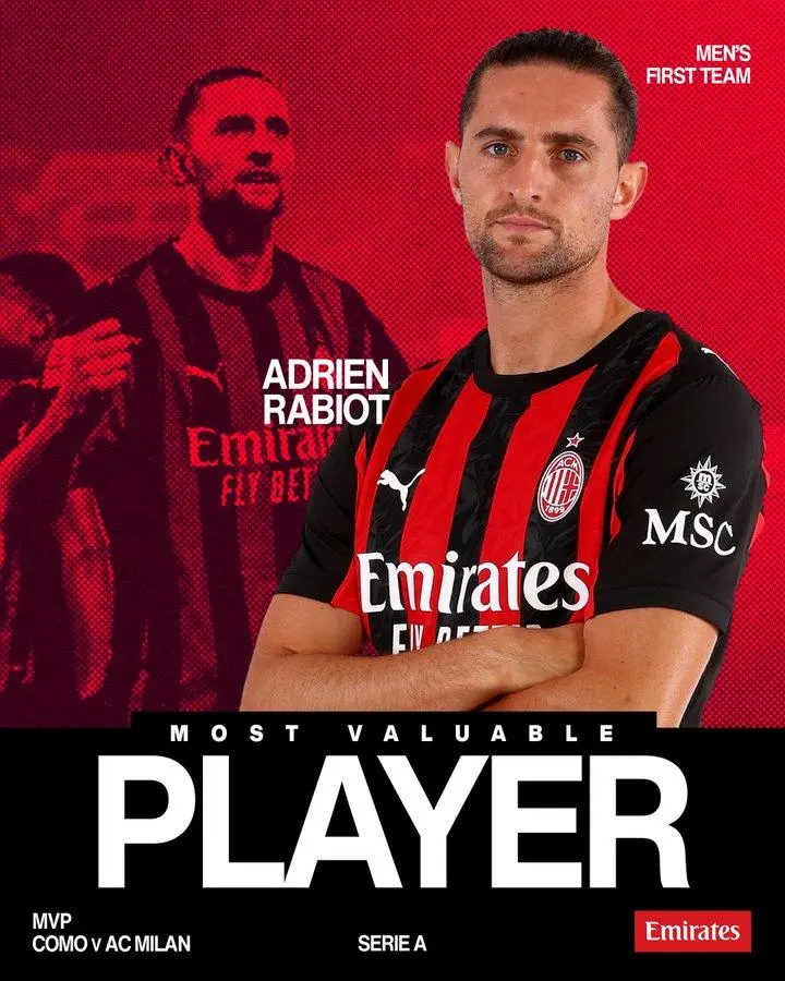 造点+梅开二度！米兰官方：拉比奥当选vs科莫队内最佳球员